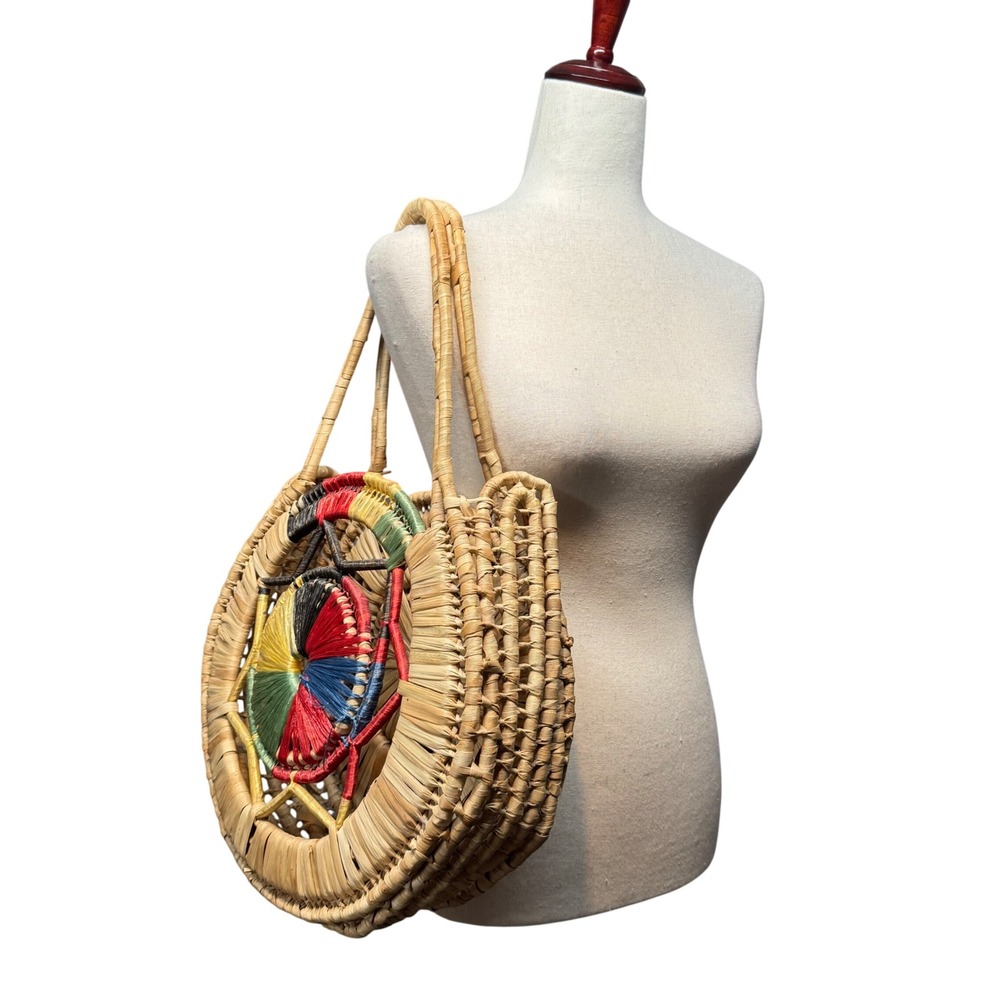 Round Woven Straw Tote Bag Vintage Boho Beach Purse Tan Multicolor Retro Natural